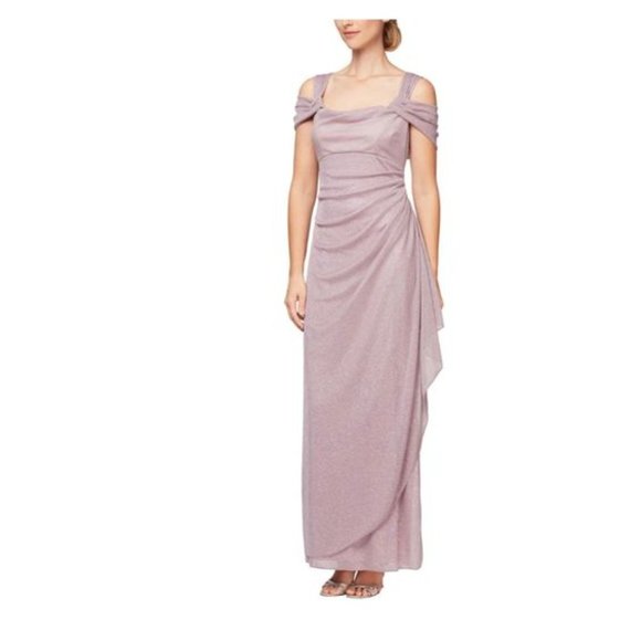 Alex Evenings Cold Shoulder Glitter Mesh Dress Draped Skirt Cowl Neckline *14* - Picture 1 of 5